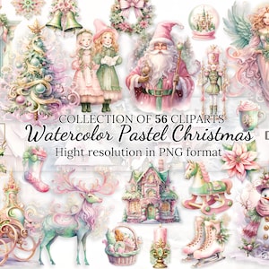 Mega colección de 56 imágenes prediseñadas navideñas en acuarela pastel • Juego de creación de tarjetas de invierno para delicias festivas • Ilustraciones de vacaciones de invierno
