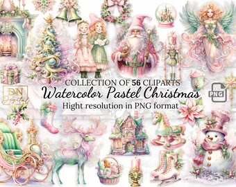 May include: A collection of 56 watercolour cliparts with a pastel Christmas theme. The image includes illustrations of Santa Claus, angels, Christmas trees, ornaments, and other holiday elements. The text reads "Watercolor Pastel Christmas" and "High resolution in PNG format."
