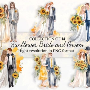 Sonnenblume Braut und Bräutigam Clipart Sammlung • Aquarell Braut und Bräutigam Cliparts • Hohe Auflösung • PNG Format • Print on Demand