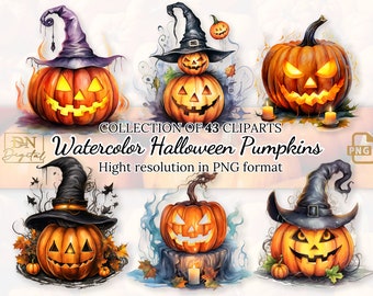 Watercolor Halloween Pumpkins Clipart Collection • Watercolor Halloween PNG Photo • Spooky Pumpkin Clip Art • Digital Stickers