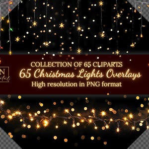 Może przedstawiać: Grafika cyfrowa z 65 nakładkami świateł bożonarodzeniowych w formacie PNG. Obraz przedstawia sznury świecących świateł na ciemnym tle, z tekstem "65 Christmas Lights Overlays".