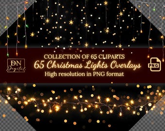 65 Christmas Lights Overlays • Sparkling Lights Clipart • Winter Holiday Lights PNG with Transparent Background • Xmas Festive Photo Overlay