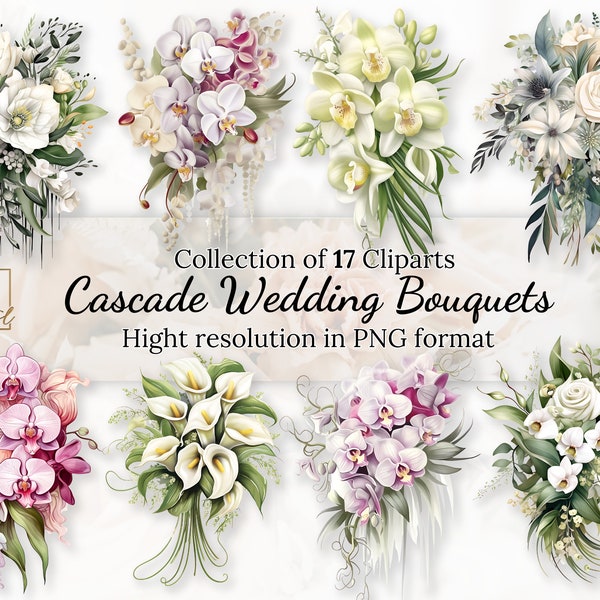 17 Cascade Wedding Bouquets Clipart Collection With Free Commercial License • Flower Bouquets Illustration • Wedding Flowers