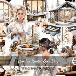 46 aquarelles, hiver rustique, spa, collection de cliparts • hiver romantique, clipart cottagecore • soins personnels, détente, spa confortable PNG Illustrations
