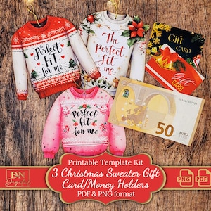 May include: A collection of Christmas-themed gift card holders shaped like sweaters, with the text "Perfect Fit for me." Also includes gift cards and a 50 Euro bill. The image is on a wooden background.