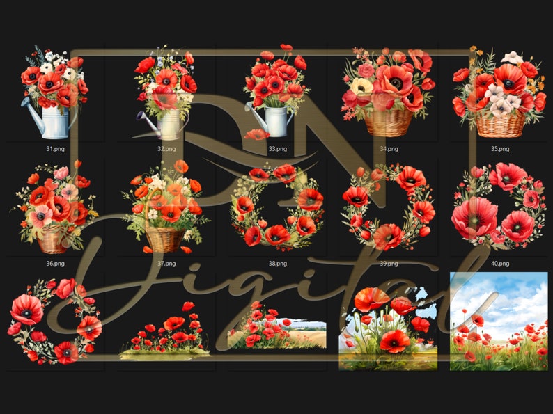 45 Watercolor Poppies Clipart Collection With Free Commercial License • Red Poppy Ilustrations • Blooming Watercolor Red Poppies image 5