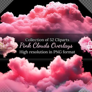 Puede incluir: Una colección de 52 superposiciones de nubes rosas en formato PNG. Imágenes de alta resolución para proyectos de diseño digital.