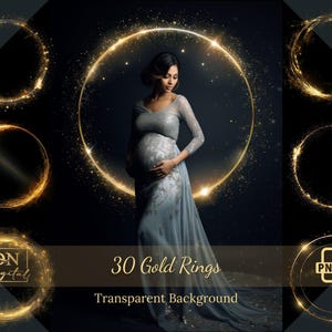 May include: 30 gold rings with a transparent background. The rings are glowing and have a sparkle effect. The rings are perfect for adding a touch of magic to your photos.