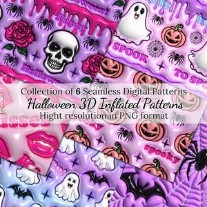 May include: A set of six seamless digital patterns with a Halloween theme. The patterns feature 3D inflated designs with skulls, ghosts, pumpkins, spiders, and bats in pink, purple, and white. The text includes "Happy Halloween" and "Spook".
