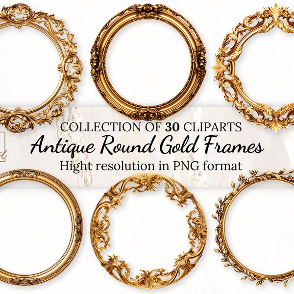 Antique Round Gold Frames Clipart Collection With Free Commercial License • Rococo and Baroque Vintage Golden Clip Art  for Elegant Designs