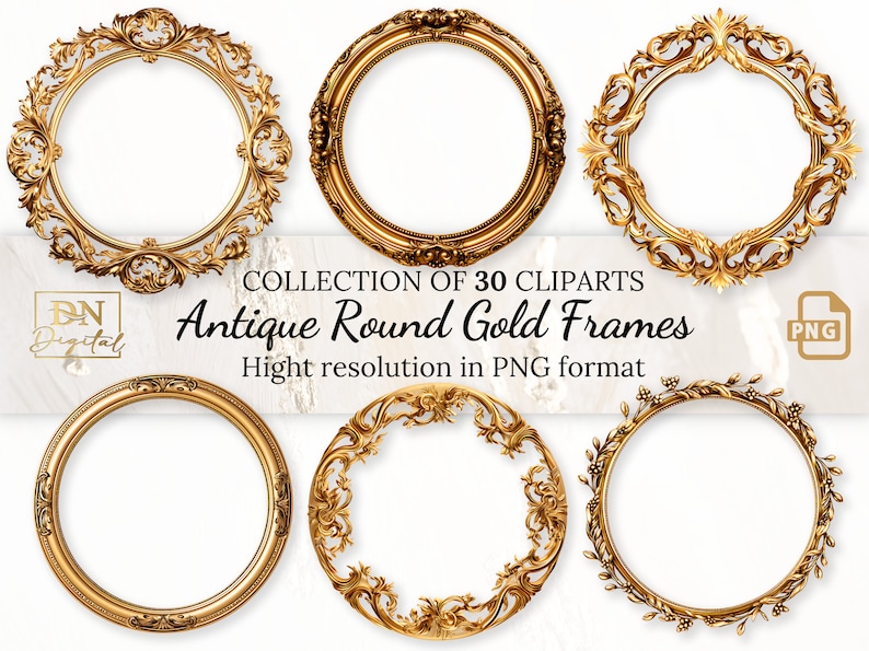 Antike runde Goldrahmen-Clipartsammlung mit kostenloser kommerzieller Lizenz • Rokoko- und Barock-Clipart im Vintage-Stil für elegante Designs Bild 1