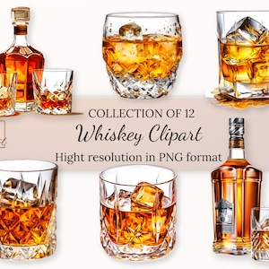 Colección de imágenes prediseñadas de whisky con licencia comercial gratuita • Ilustraciones de botellas y vasos de whisky • Alta resolución • Formato PNG