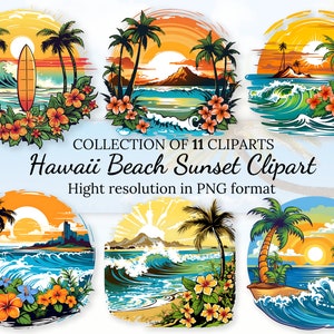 11 clipartcollectie Hawaii Beach-zonsondergang met gratis commerciële licentie • Illustraties tropisch strand • Hoge resolutie • PNG-indeling