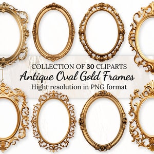 Collection de cliparts anciens cadres ovales dorés avec licence commerciale gratuite • Images clipart dorées vintage rococo et baroque pour des designs intemporels