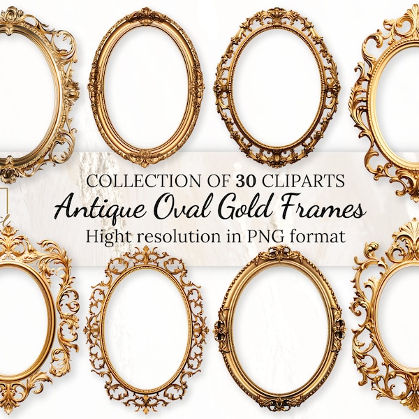 Antique Oval Gold Frames Clipart Collection With Free Commercial License • Rococo and Baroque Vintage Golden Clip Art  for Timeless Designs