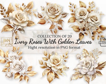 20 Ivory Roses With Golden Leaves Clipart Collection With Free Commercial License  • Neutral Roses Illustrations • Hight Resolution