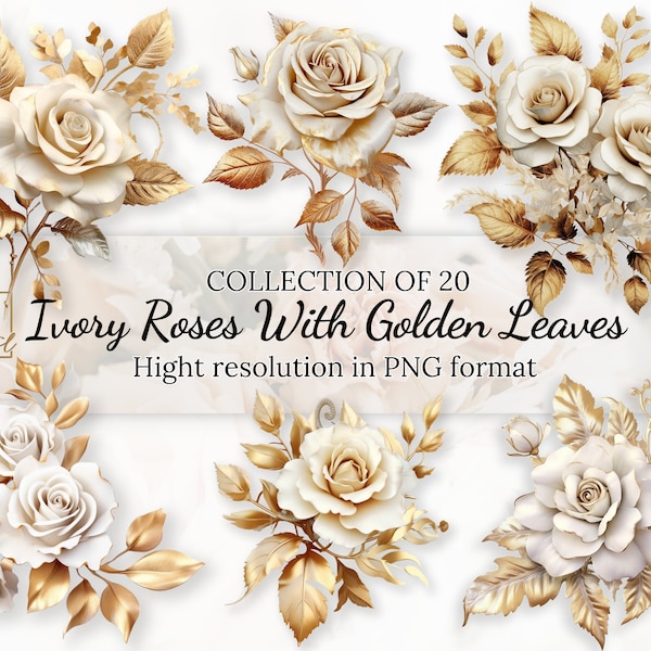 20 Ivory Roses With Golden Leaves Clipart Collection With Free Commercial License  • Neutral Roses Illustrations • Hight Resolution