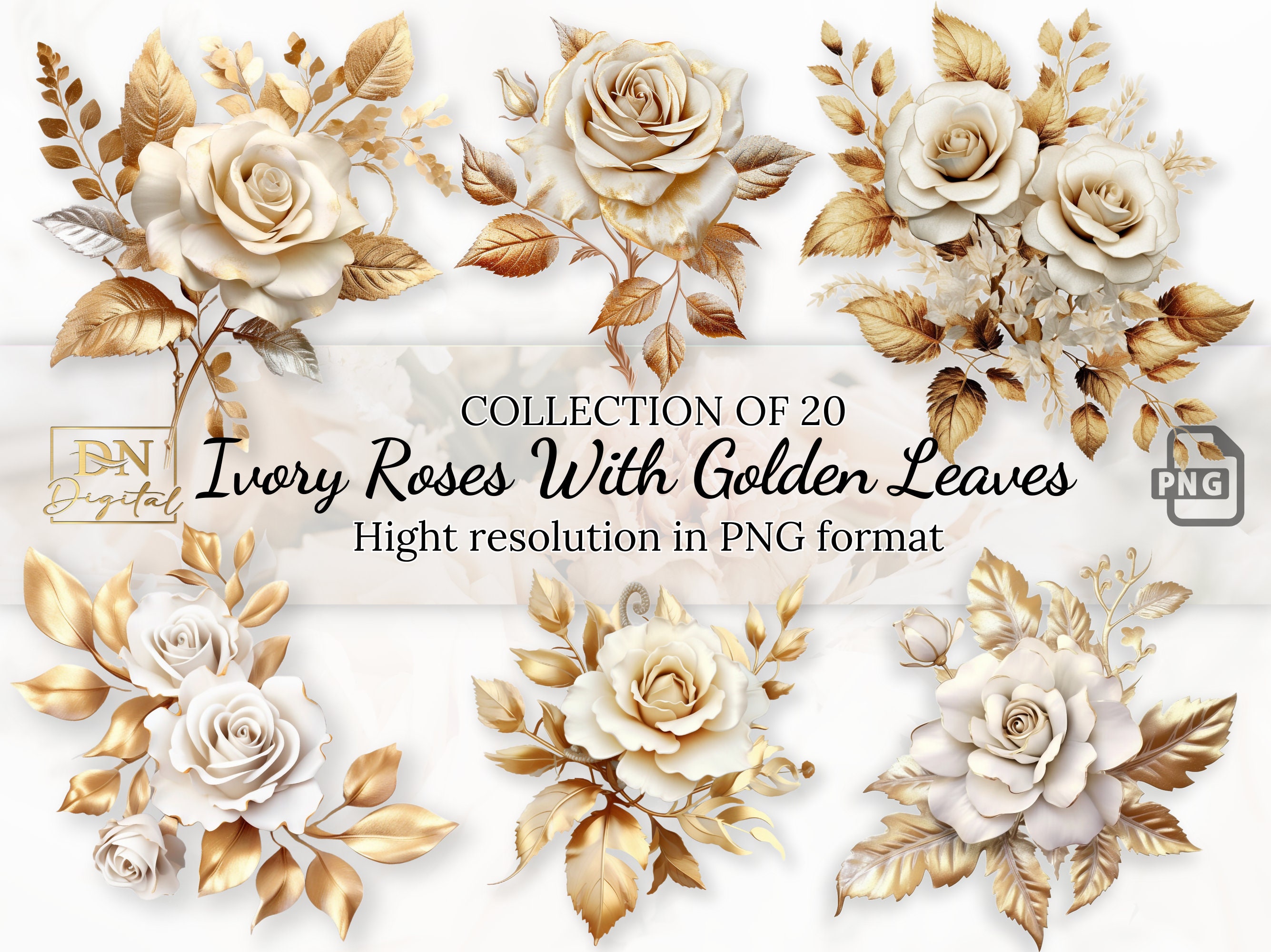 20 Ivory Roses With Golden Leaves Clipart Collection With Free ...