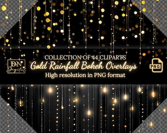Gold Rainfall Bokeh Overlays with Transparent Background • Glamourous Glitter Clipart for Digital Art & Photography • 44 High-Quality PNGs