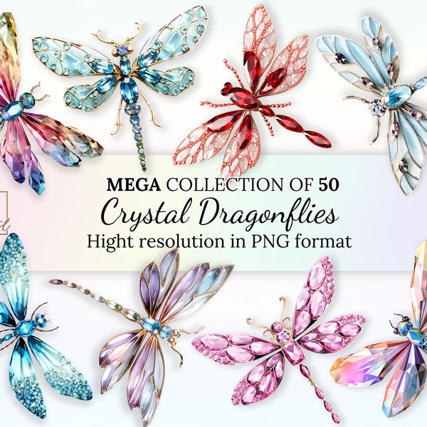50 Crystal Dragonflies Clipart Mega Collection • Crystal Dragonflies Illustrations With Transparent Background for Magical Designs