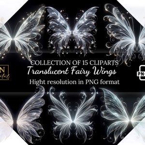 Könnte beinhalten: Eine Sammlung von 15 Clipart-Bildern mit durchsichtigen Feenflügeln im PNG-Format. Die Flügel sind weiß und haben einen funkelnden, ätherischen Look. Der Text "COLLECTION OF 15 CLIPARTS Translucent Fairy Wings Hight resolution in PNG format" wird auf einem schwarzen Hintergrund angezeigt.