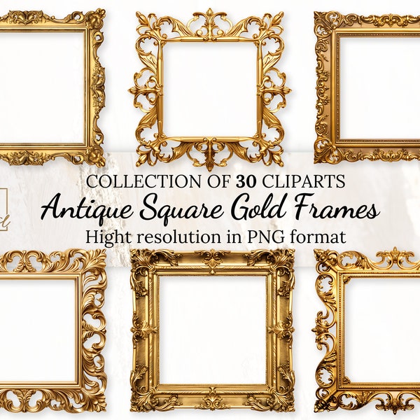 Antique Square Gold Frames Clipart Collection With Free Commercial License • Rococo and Baroque Golden Clip Art for Vintage-Inspired Designs