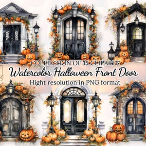 Clipart-collectie aquarel Halloween voordeur voor griezelige ontwerpen • Herfst- en herfstvakantieillustraties • Halloween-welkomstclipart