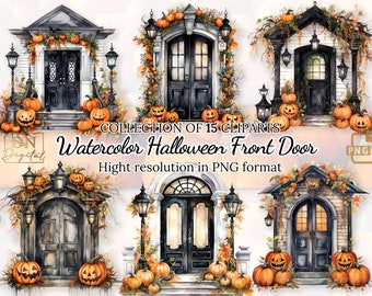 Watercolor Halloween Front Door Clipart Collection For Spooky Designs • Autumn and Fall Holliday Illustrations • Halloween Welcome Clip Art