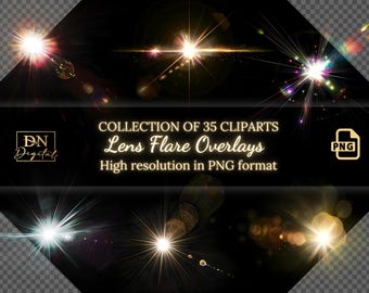 May include: A collection of 35 high-resolution lens flare overlays in PNG format. The overlays are perfect for adding a touch of realism to your photos and videos.