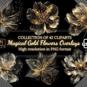 42 Magical Gold Flowers Overlays/Clipart Collection • Photoshop/Canva Overlay • Mystical Golden Fairy Flowers Overlay for any photo editor