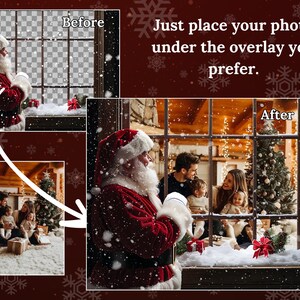May include: A snowy winter scene with a family standing in front of a window. The window is decorated with snow and a Christmas tree. The text "Just place your photo under the overlay you prefer." is displayed above the image.