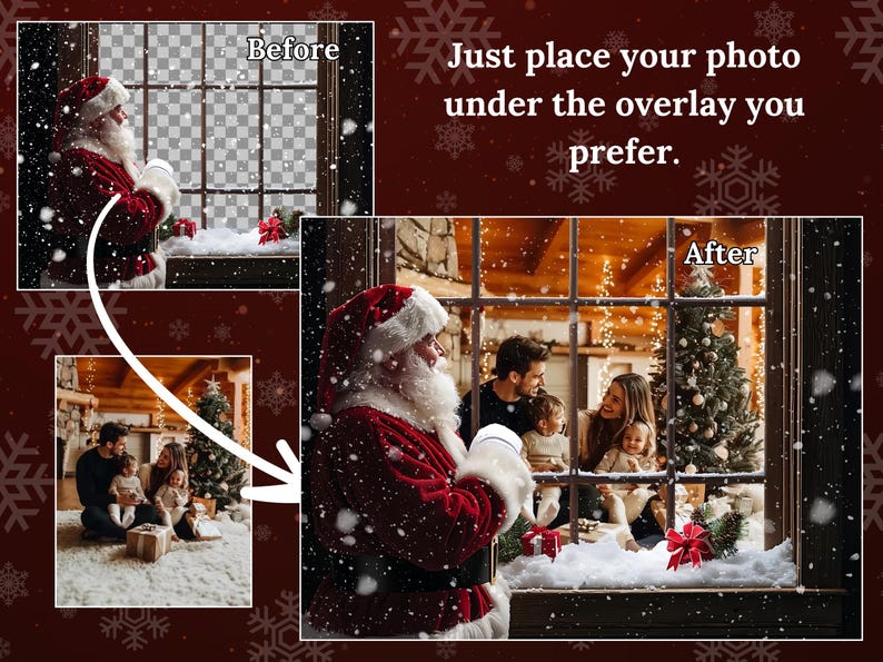 May include: A snowy winter scene with a family standing in front of a window. The window is decorated with snow and a Christmas tree. The text "Just place your photo under the overlay you prefer." is displayed above the image.
