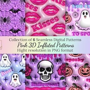 May include: A collection of six digital seamless patterns featuring pink 3D inflated Halloween designs. The patterns include ghosts, skulls, pumpkins, spiderwebs, and lips with the words "Too Cute", "To Spook", "Happy", "Spooky", "Boo", and "Halloween!"