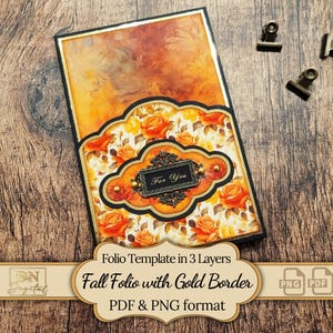 Herfstfolio met gouden rand sjabloonkit in drie lagen • Herfstfotoalbum liefdesverhaal • Afdrukbare pdf's • PNG-elementen • Herfstknutsels