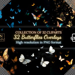 May include: A collection of 32 high-resolution PNG butterfly overlays. The butterflies are in various colours, including blue, yellow, orange, red, and white. The butterflies are flying in a variety of directions. The text "COLLECTION OF 32 CLIPARTS 32 Butterflies Overlays High resolution in PNG format" is displayed at the bottom of the image.