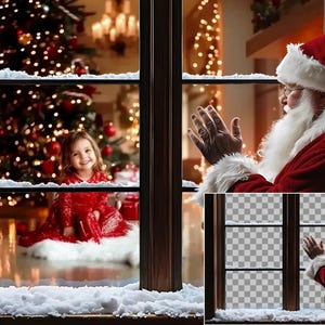 May include: A red and white Father Christmas waves from a window with snow on the sill. A young girl in a red dress sits in front of a Christmas tree.