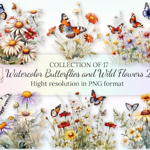 Coleção de clipart de borboletas e flores silvestres em aquarela 2 • Clipart de borboletas em aquarela em flores silvestres • Formato PNG • Download instantâneo
