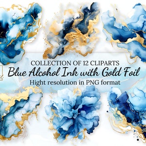 May include: A collection of 12 digital cliparts featuring blue alcohol ink designs with gold foil accents. The image includes various abstract shapes and floral patterns in high resolution PNG format.