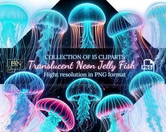 Translucent Neon Jelly Fish Clipart Collection • Oceanic Glow Graphics for Crafts & Projects • Vibrant Sea Life Art Overlays