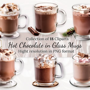 Collection de cliparts de chocolat chaud confortable dans des tasses en verre avec licence commerciale gratuite • Illustrations de chocolat chaud • Haute qualité • Usage commercial