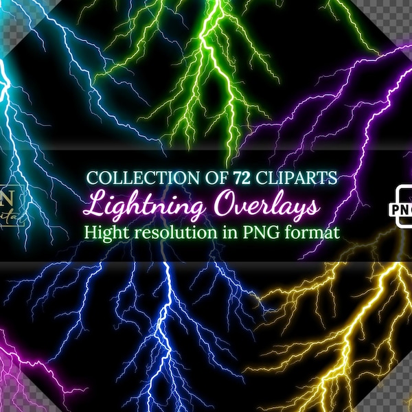 72 Lightning Overlays Clipart Collection • Electrifying Lightning Strikes for Stunning Effects • PNG Clip Art • Digital Overlays