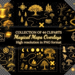 Bundle de cliparts de superpositions de cartes magiques • Éléments PNG fantastiques brillants • Chemins au trésor perdu de paillettes numériques pour la retouche photo et la conception