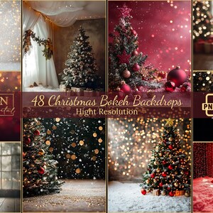 Könnte beinhalten: 48 Weihnachts-Bokeh-Hintergründe in hoher Auflösung, perfekt für digitale Designprojekte. Die Bilder zeigen eine Vielzahl von festlichen Szenen, darunter Weihnachtsbäume, Lichter und Schnee.
