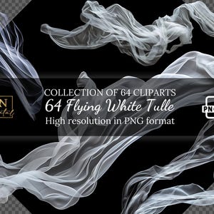 64 Flying White Tulle Overlays Clipart Collection •Flying Veil Graphics With Transparent Background •Realistic Flying Fabric Digital Overlay