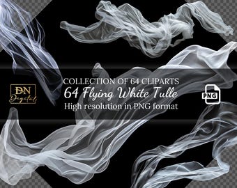 64 Flying White Tulle Overlays Clipart Collection •Flying Veil Graphics With Transparent Background •Realistic Flying Fabric Digital Overlay