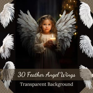 Puede incluir: Imagen que presenta 30 alas de ángel de plumas con fondo transparente. Las alas son blancas y grises, con diversos estilos. La imagen también incluye a una persona joven con alas de ángel sosteniendo una vela encendida. El texto dice "30 Feather Angel Wings" y "Transparent Background."