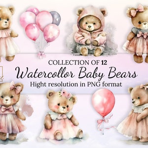 Süße rosa Baby Bären Clipart • Schöne Teddy Bär Clipart für Baby Mädchen • hohe Auflösung • PNG Format • Drucken und Schneiden SofortDownload