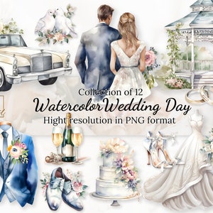 Coleção de 12 clipart de aquarela para o dia do casamento com licença comercial gratuita • Ilustrações de noivos • Acessórios de aquarela para o dia do casamento