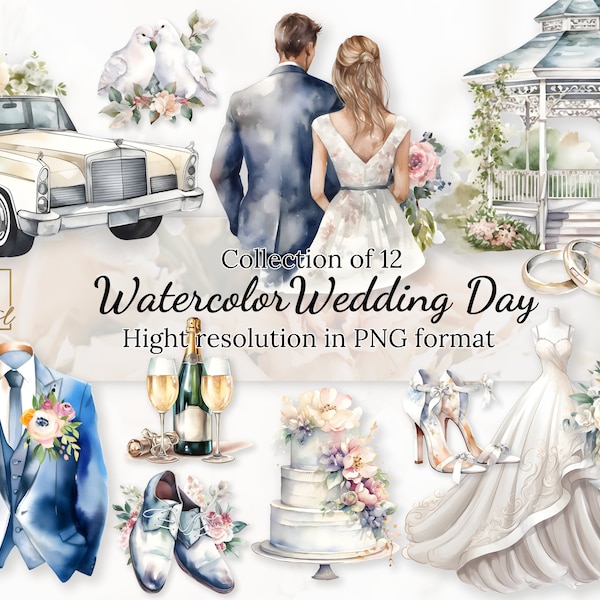 12 Watercolor Wedding Day Clipart Collection With Free Commercial License • Bride and Groom Ilustrations • Watercolor Wedding Day Accesories