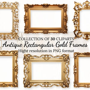 Antike rechteckige Goldrahmen Clipart Sammlung mit kostenloser kommerzieller Lizenz • Rokoko und Barock goldene Clip Art für Vintage Designs